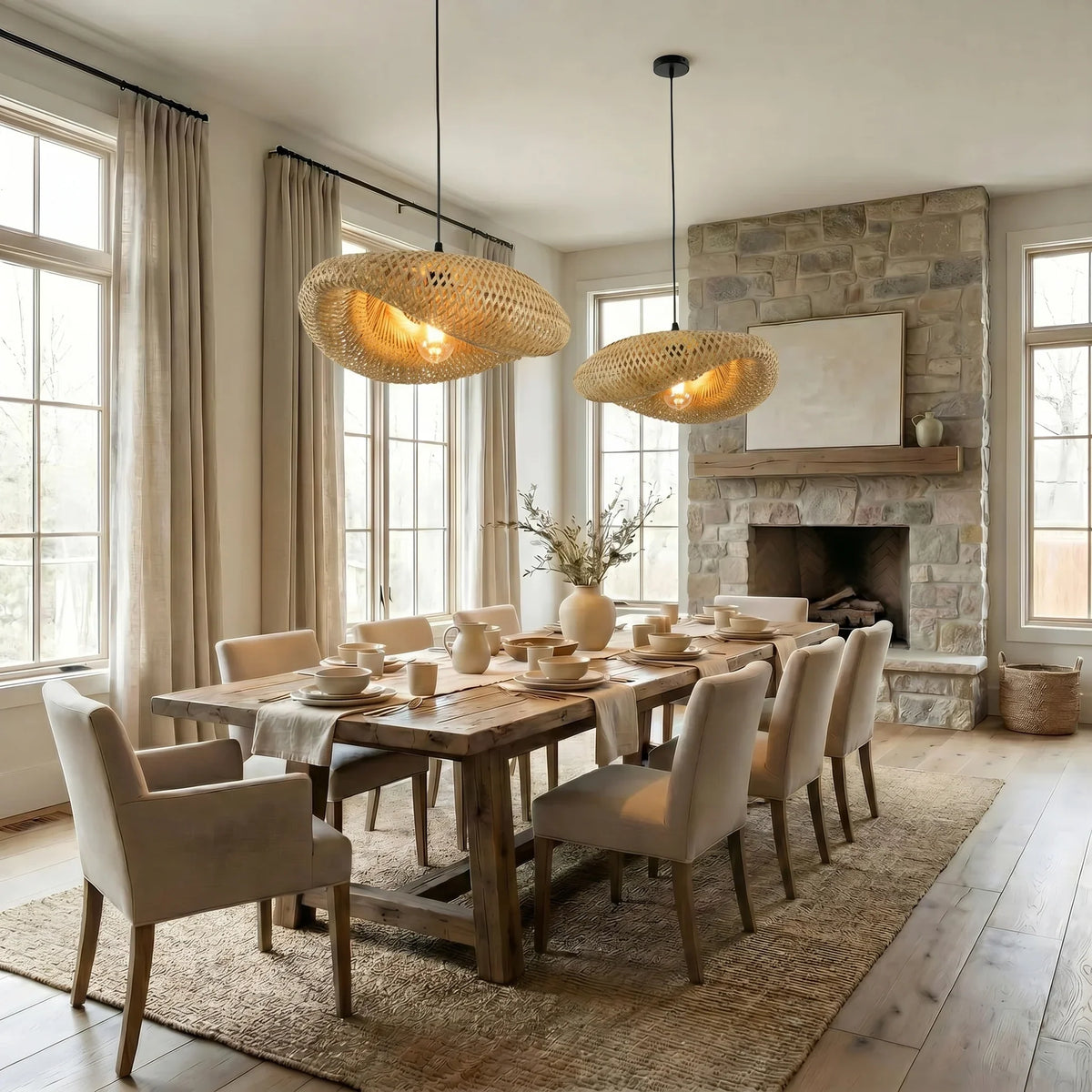 Lámpara colgante de bambú Juncal en un comedor de estilo natural – imagen 3