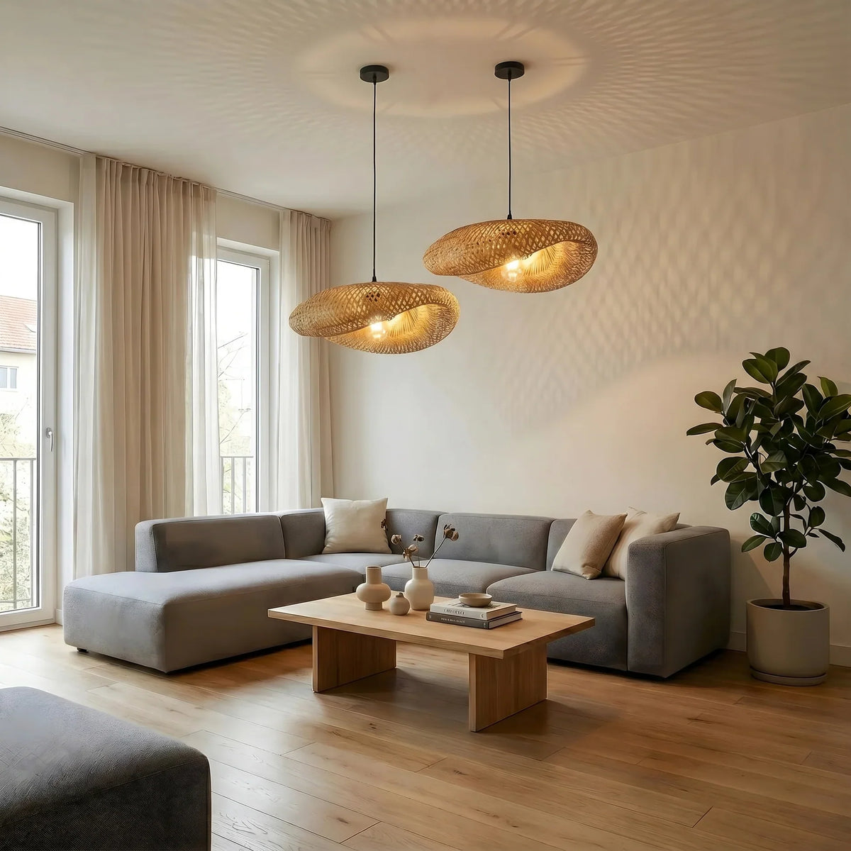 Lámpara colgante de bambú Juncal en un comedor de estilo natural – imagen 4