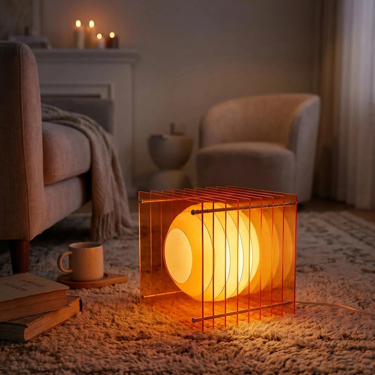 Lámpara de mesa de acrílico naranja Celuna – versión de 20 cm encendida