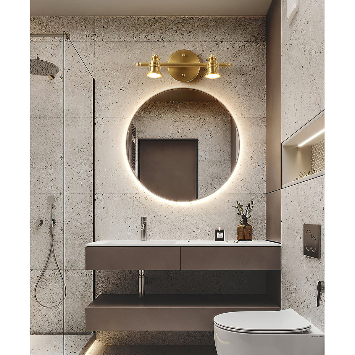 Aplique de pared de latón con focos Focira iluminando una pared – imagen 9