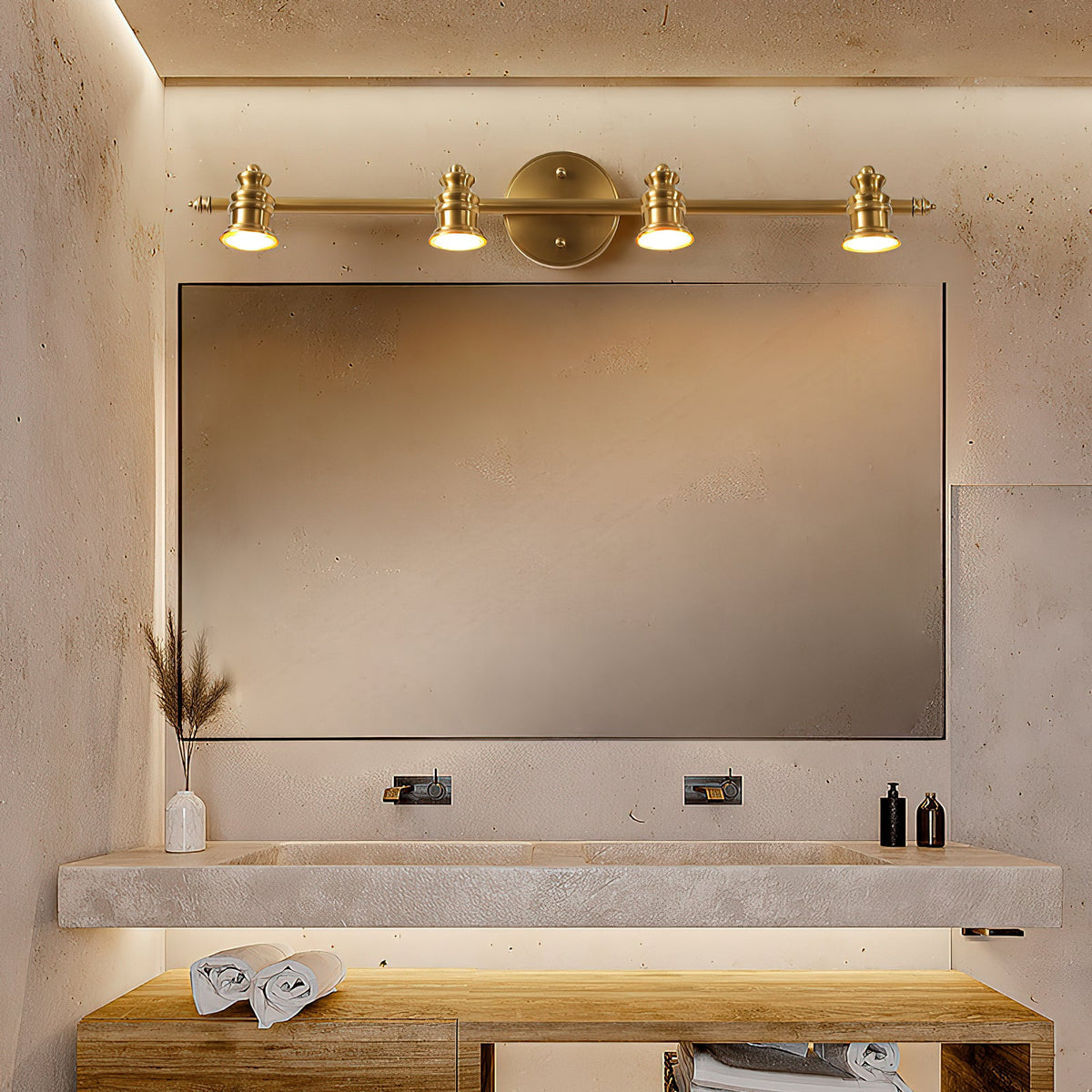 Aplique de pared de latón con focos Focira iluminando una pared – imagen 2