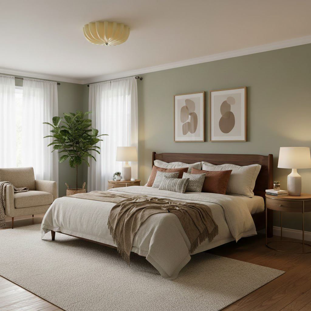 Plafón LED con pétalos de cristal Cremela en un dormitorio sereno – imagen 4