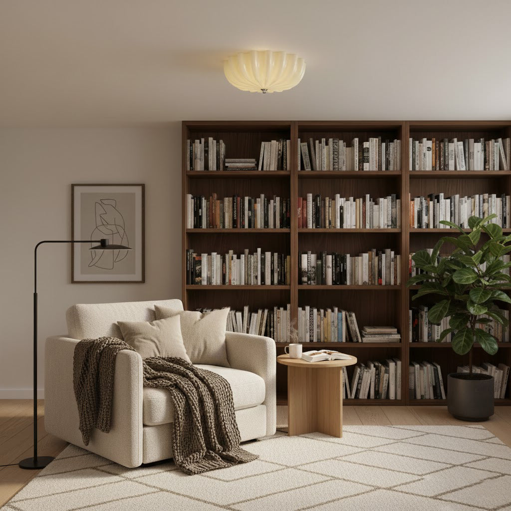 Plafón LED con pétalos de cristal Cremela en un dormitorio sereno – imagen 5