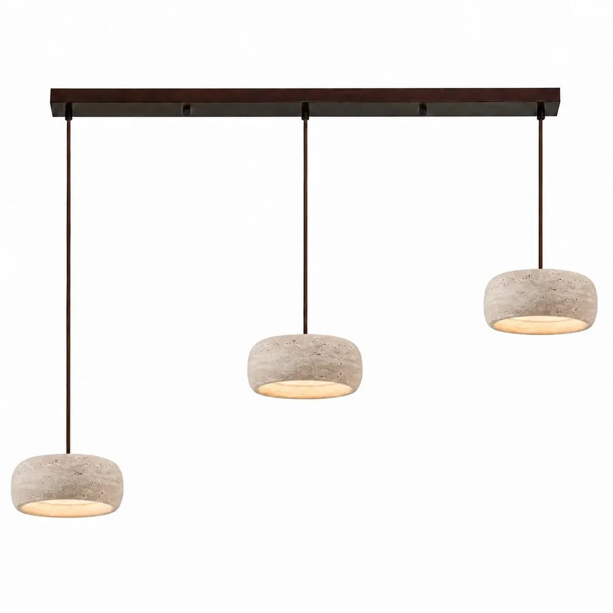 Lámpara colgante de travertino Rodela – Ø 20 × 7 cm, cilindro redondeado, 3 luces · base de nogal 100 cm