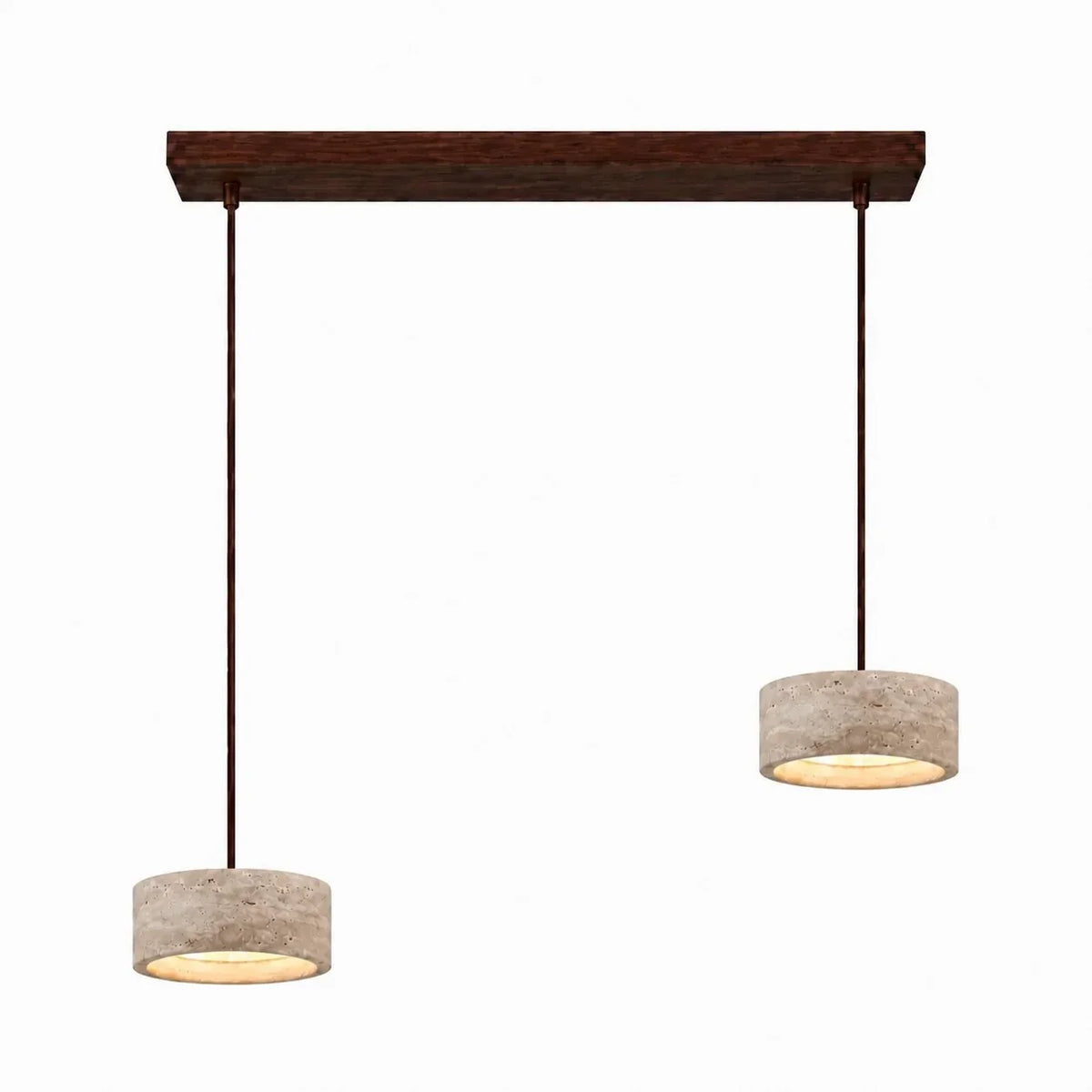 Lámpara colgante de travertino Rodela – Ø 20 × 7 cm, cilíndrica, 2 luces · base de nogal 60 cm