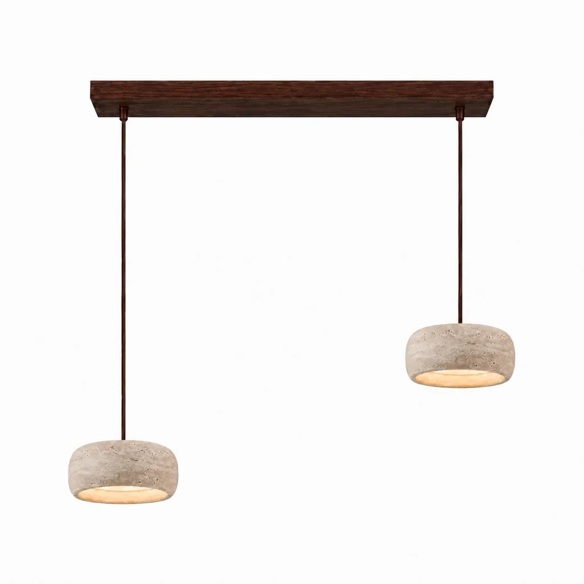 Lámpara colgante de travertino Rodela – Ø 20 × 7 cm, cilindro redondeado, 2 luces · base de nogal 60 cm