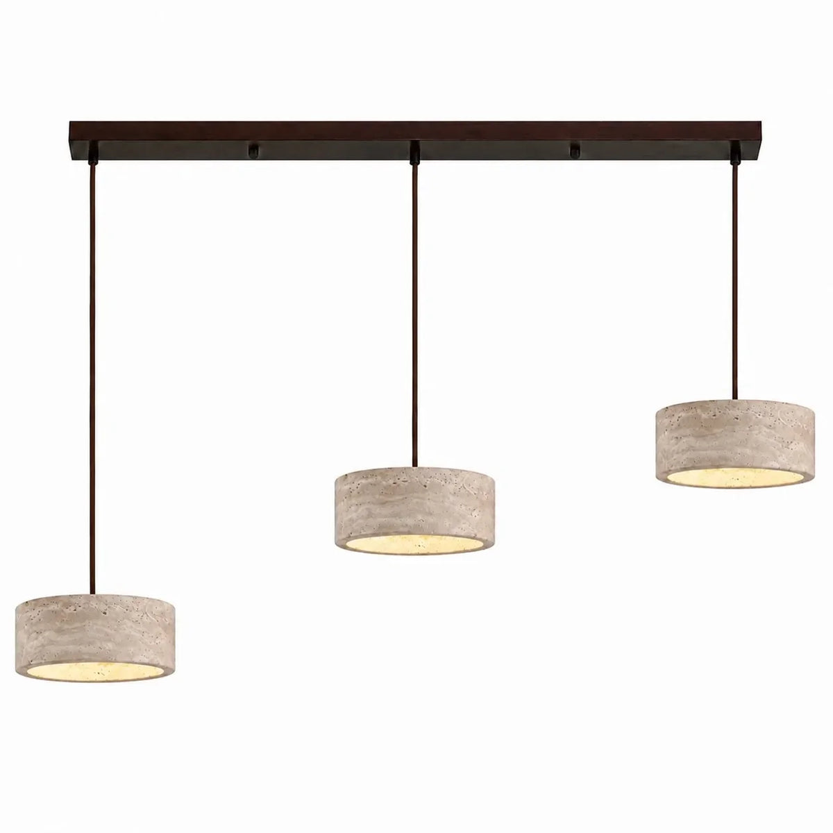 Lámpara colgante de travertino Rodela – Ø 20 × 7 cm, cilíndrica, 3 luces · base de nogal 100 cm