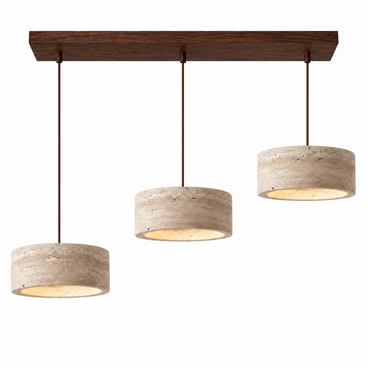 Lámpara colgante de travertino Rodela – Ø 30 × 11 cm, cilíndrica, 3 luces · base de nogal 100 cm