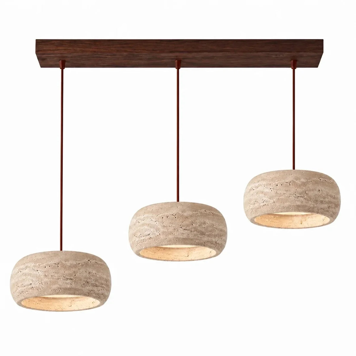 Lámpara colgante de travertino Rodela – Ø 30 × 11 cm, cilindro redondeado, 3 luces · base de nogal 100 cm