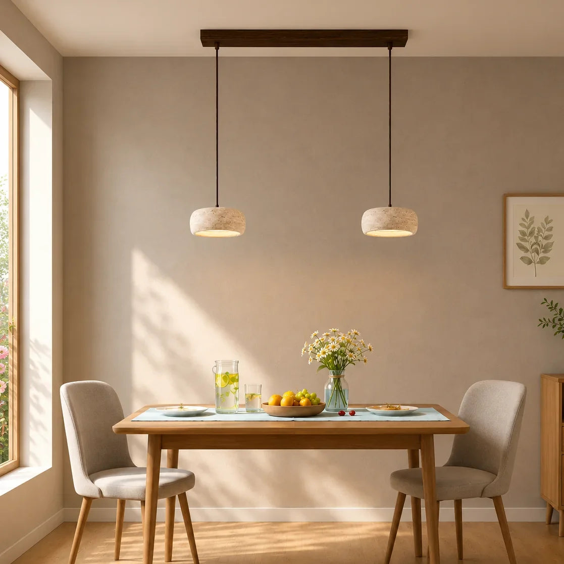 Lámpara colgante de travertino Rodela sobre una mesa de comedor – imagen 11