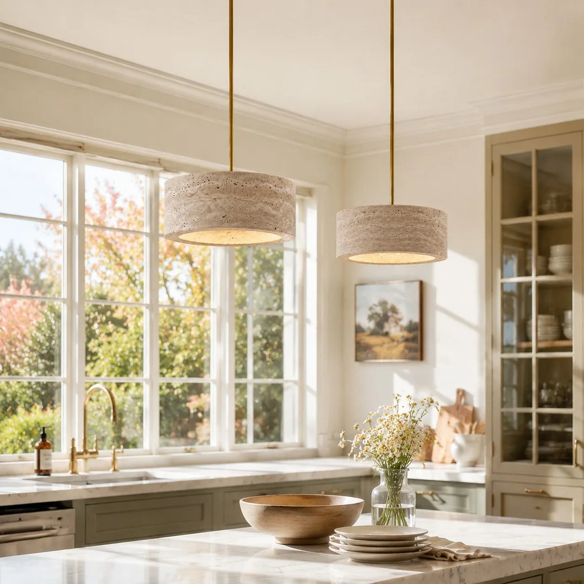 Lámpara colgante de travertino Rodela sobre una mesa de comedor – imagen 9