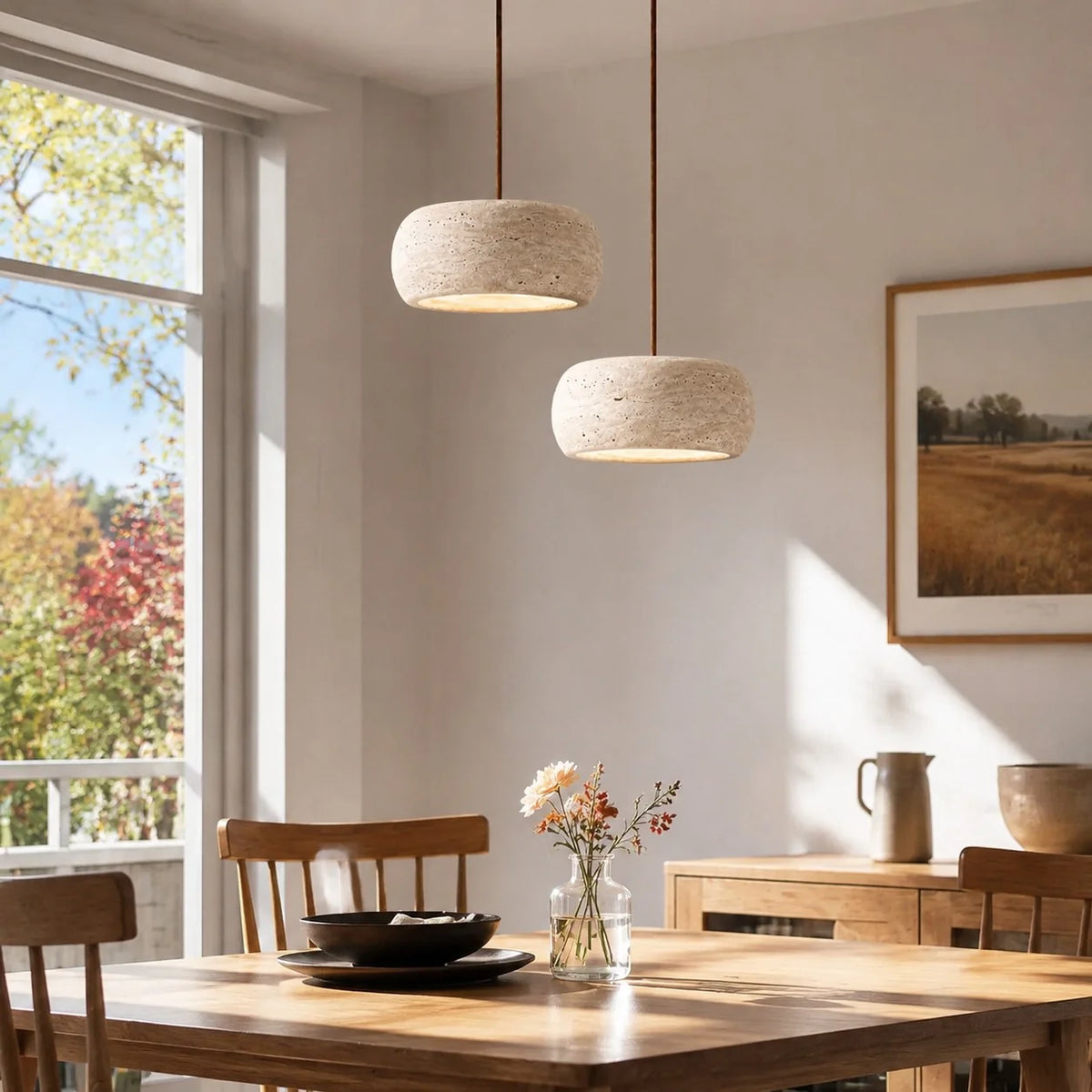 Lámpara colgante de travertino Rodela sobre una mesa de comedor – imagen 6