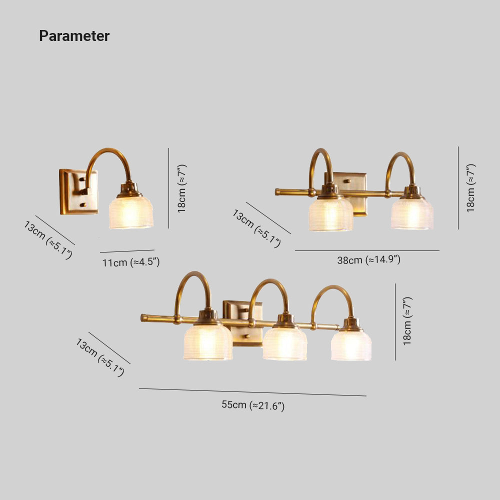 Aplique de pared Yarela con cristal estriado y latón – medidas de las versiones de 1, 2 y 3 luces