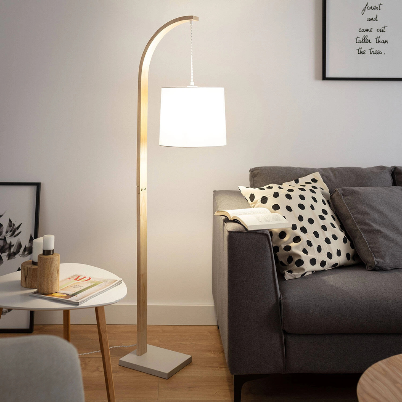 Telmira - Lámpara de Pie Arco de Madera con Pantalla Colgante Blanca