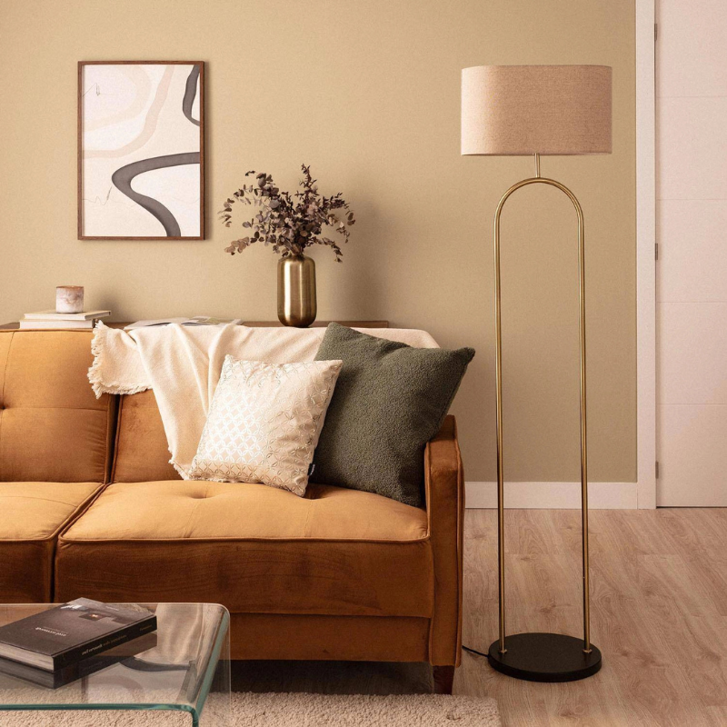 Telina - Lámpara de Pie Arco Ovalado Dorado con Pantalla de Tela Beige