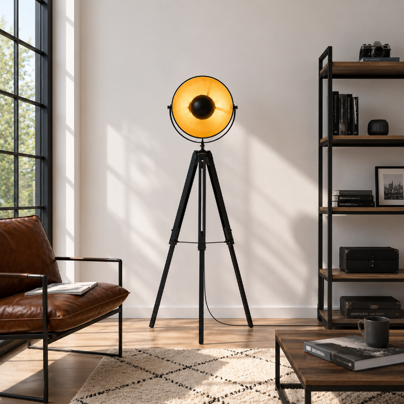 Lámpara de pie trípode Trepiela en un salón de estilo industrial – imagen 4