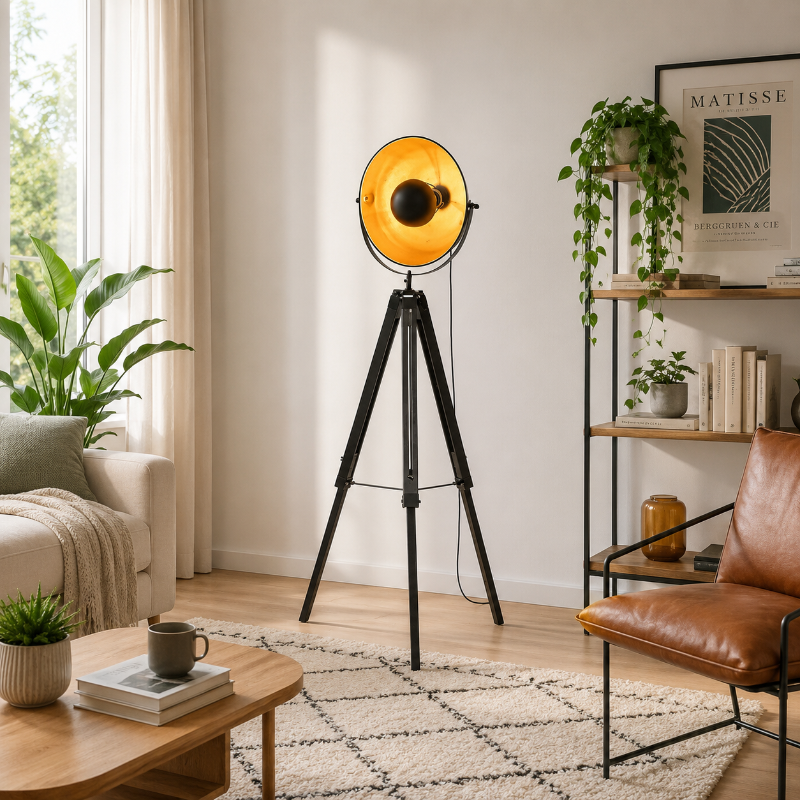 Lámpara de pie trípode Trepiela en un salón de estilo industrial – imagen 5