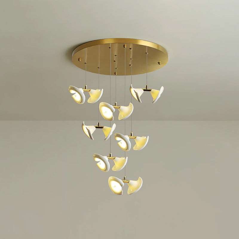 Lámpara Colgante Moderna de Diseño Floral en Oro y Cerámica Blanca, Personalizable de 14 a 128 Luces, Ideal para Interior 0