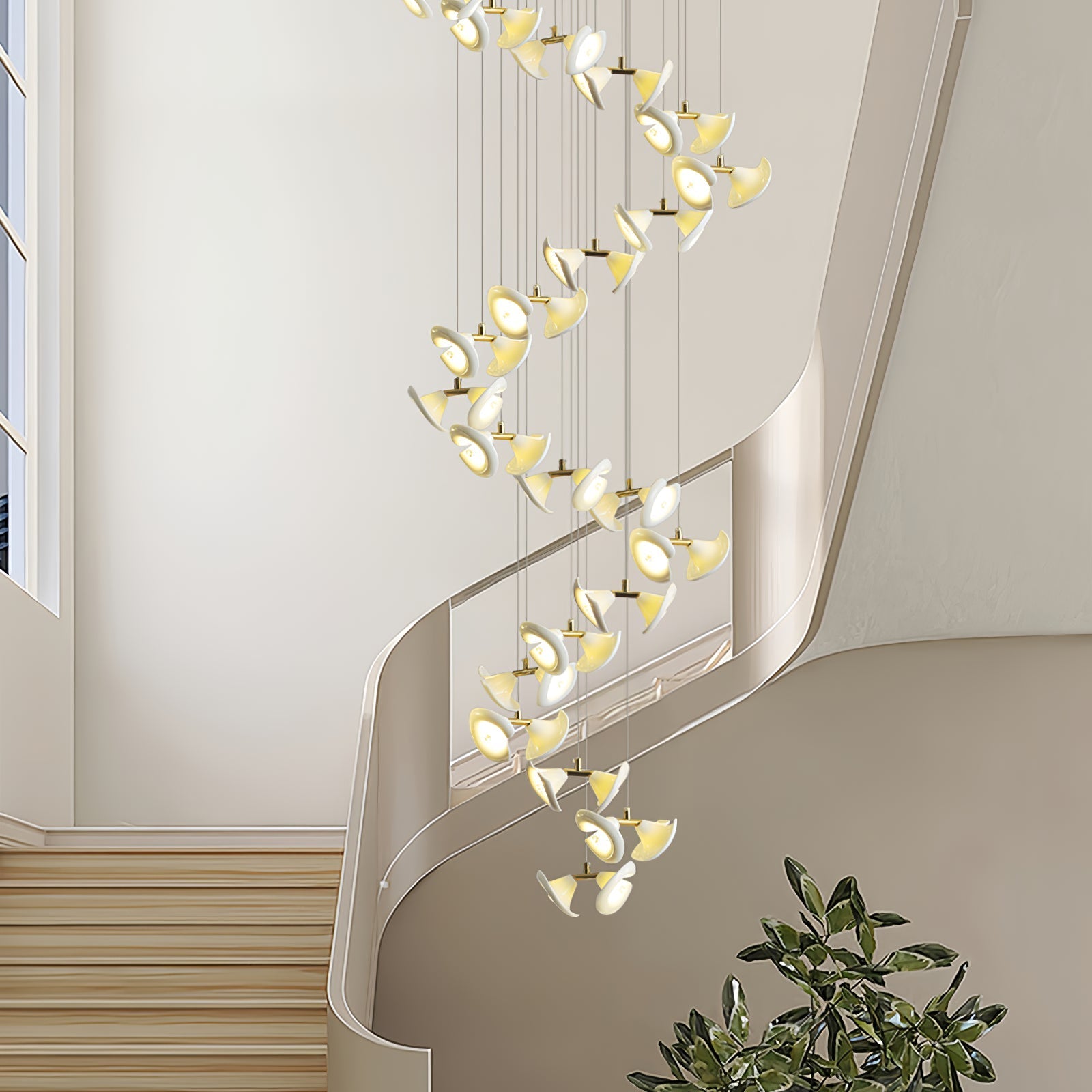 Lámpara Colgante Moderna de Diseño Floral en Oro y Cerámica Blanca, Personalizable de 14 a 128 Luces, Ideal para Interior 3