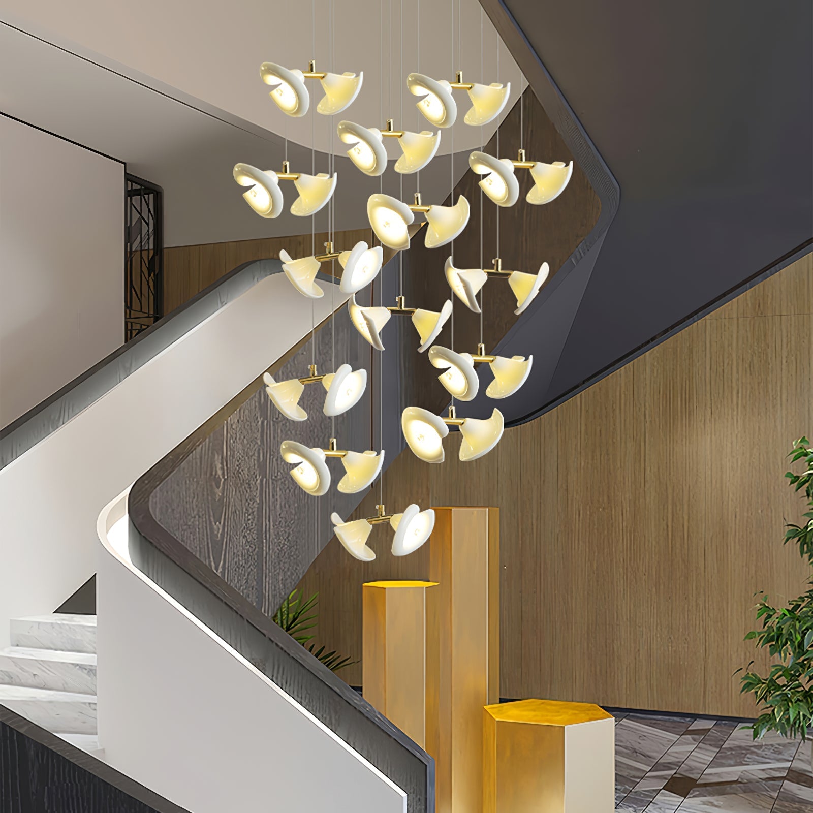 Lámpara Colgante Moderna de Diseño Floral en Oro y Cerámica Blanca, Personalizable de 14 a 128 Luces, Ideal para Interior 6