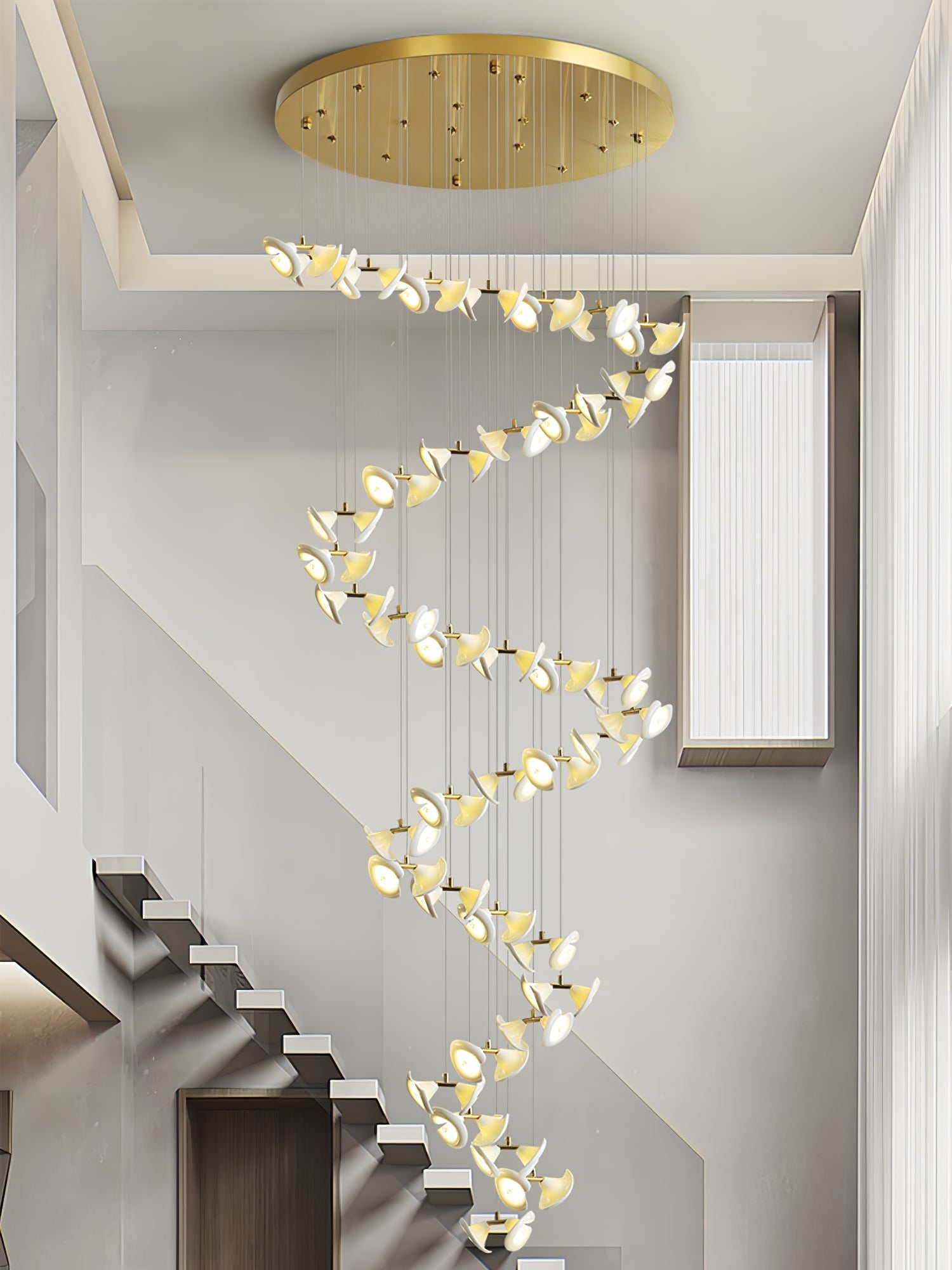 Lámpara Colgante Moderna de Diseño Floral en Oro y Cerámica Blanca, Personalizable de 14 a 128 Luces, Ideal para Interior 8