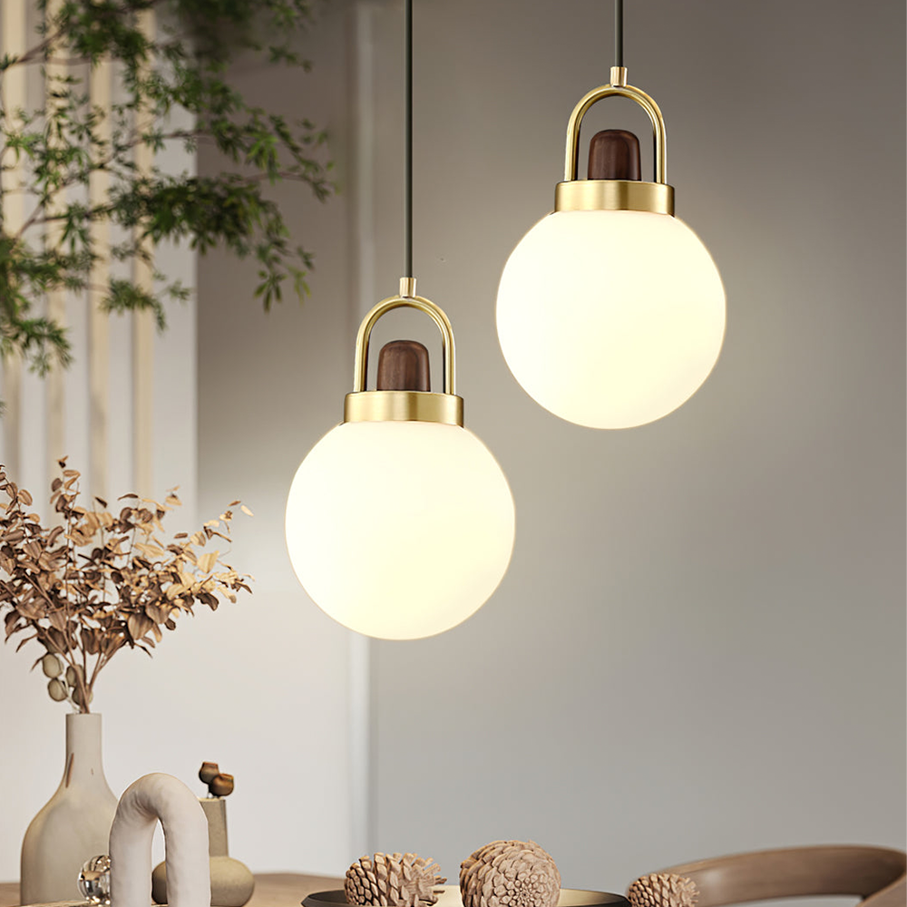 Lámpara Colgante de Vidrio con Acabado Dorado y Madera de Nogal – Diseño Elegante para Comedor y Sala de Estar 0