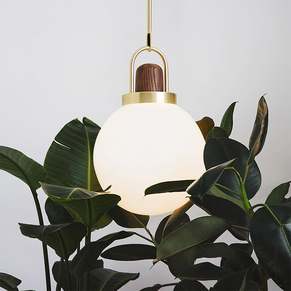Lámpara Colgante de Vidrio con Acabado Dorado y Madera de Nogal – Diseño Elegante para Comedor y Sala de Estar 4