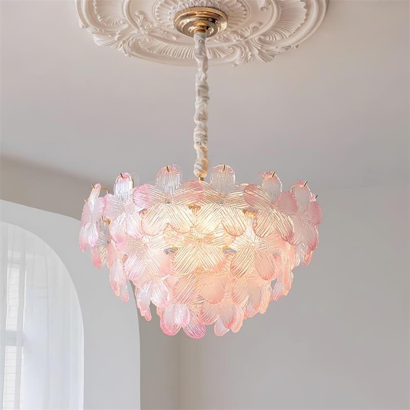 Lámpara de Araña Floral de Vidrio Rosa y Púrpura, Diámetro 50 cm, Altura Ajustable, Diseño Moderno para Iluminación Interior 0