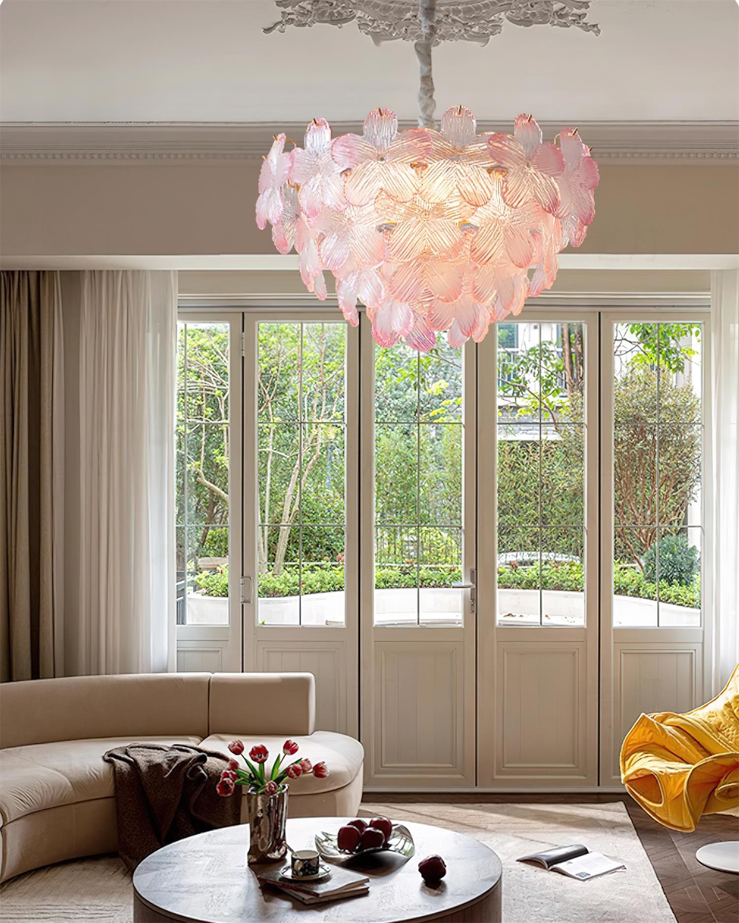 Lámpara de Araña Floral de Vidrio Rosa y Púrpura, Diámetro 50 cm, Altura Ajustable, Diseño Moderno para Iluminación Interior 8