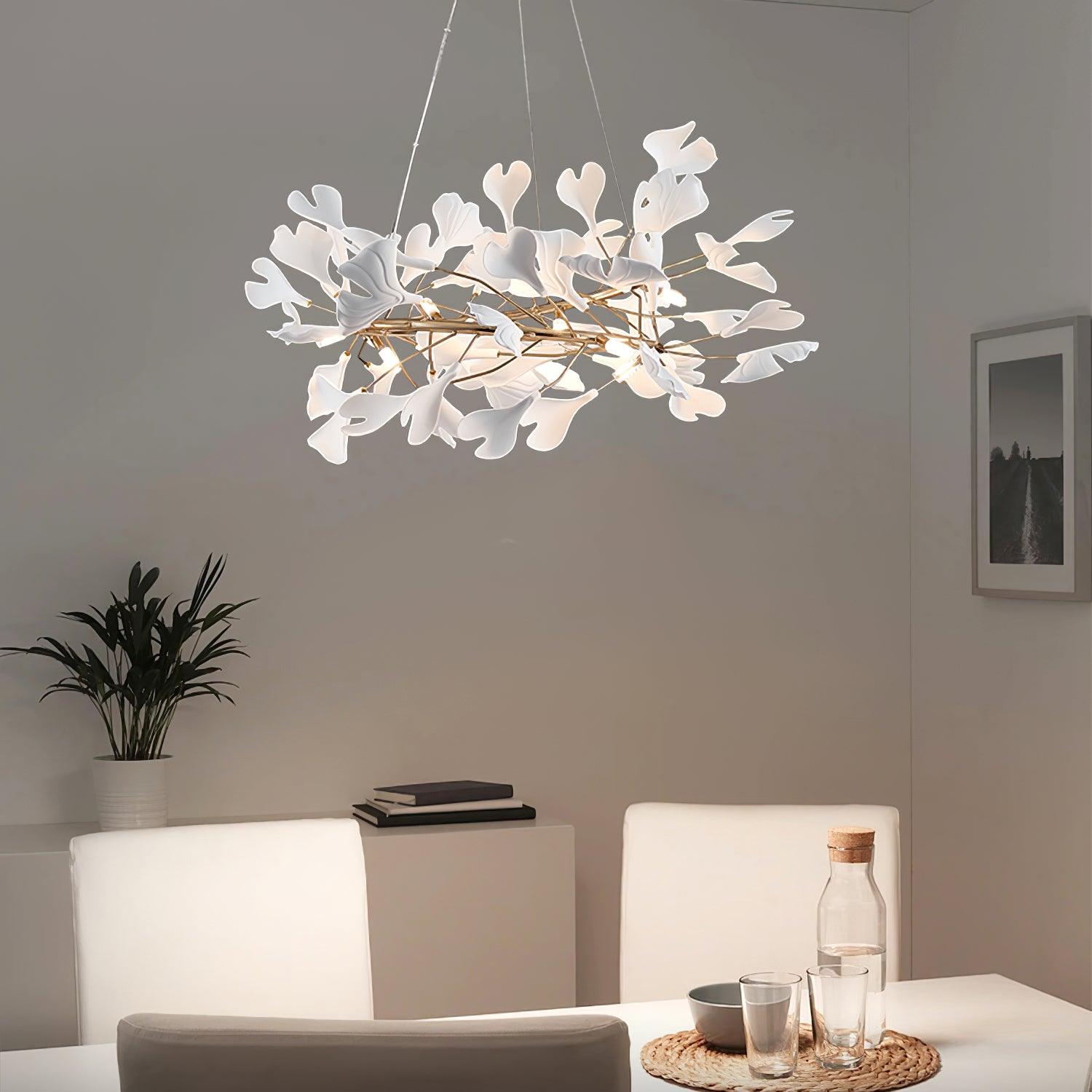Lámpara de Araña Ginkgo Biloba de Porcelana, Personalizable, Acabados Dorados y Blancos, Tamaños de 60cm a 150cm 2