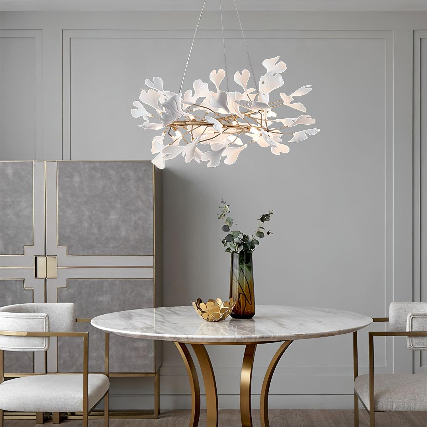 Lámpara de Araña Ginkgo Biloba de Porcelana, Personalizable, Acabados Dorados y Blancos, Tamaños de 60cm a 150cm 5