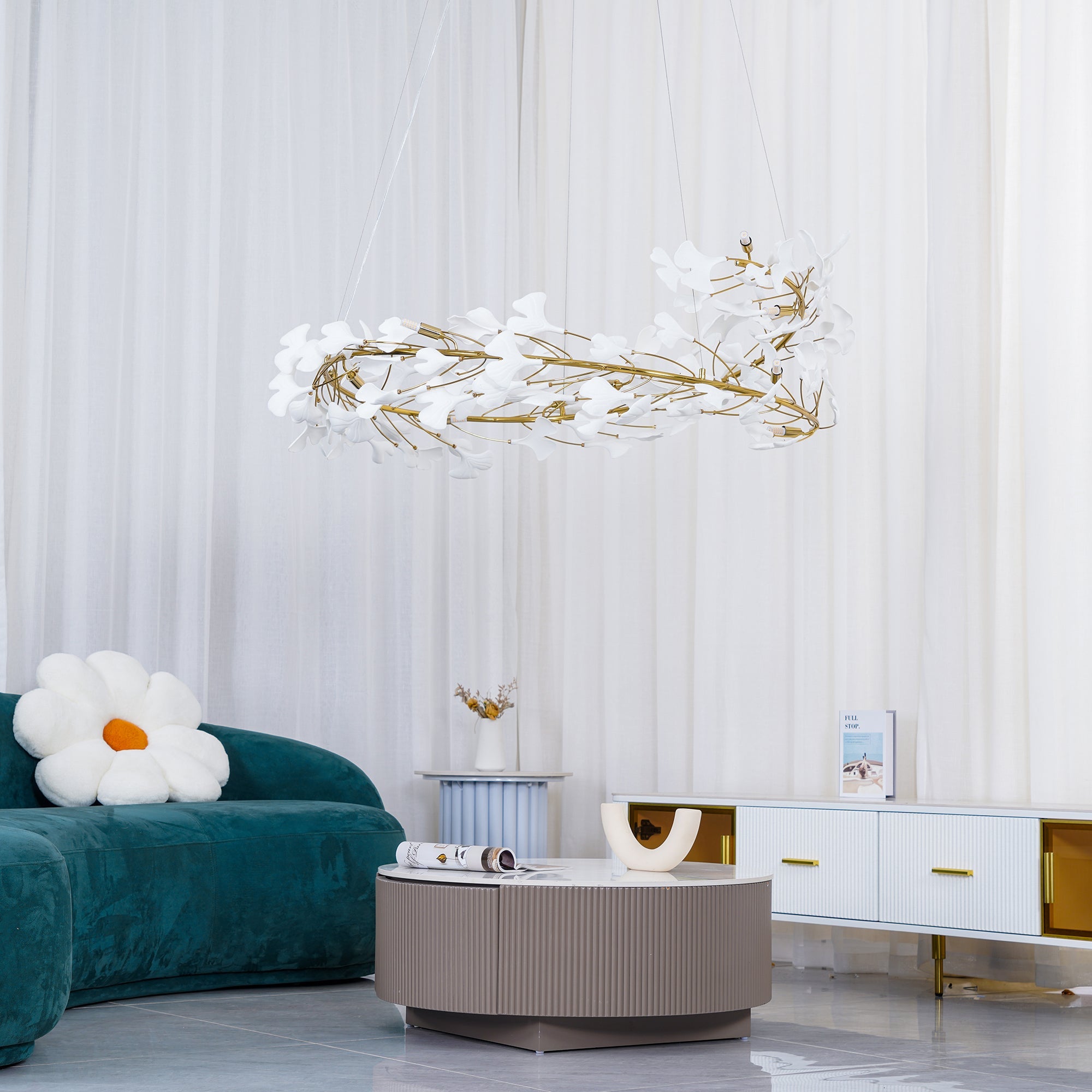 Lámpara de Araña Ginkgo Biloba de Porcelana, Personalizable, Acabados Dorados y Blancos, Tamaños de 60cm a 150cm 8