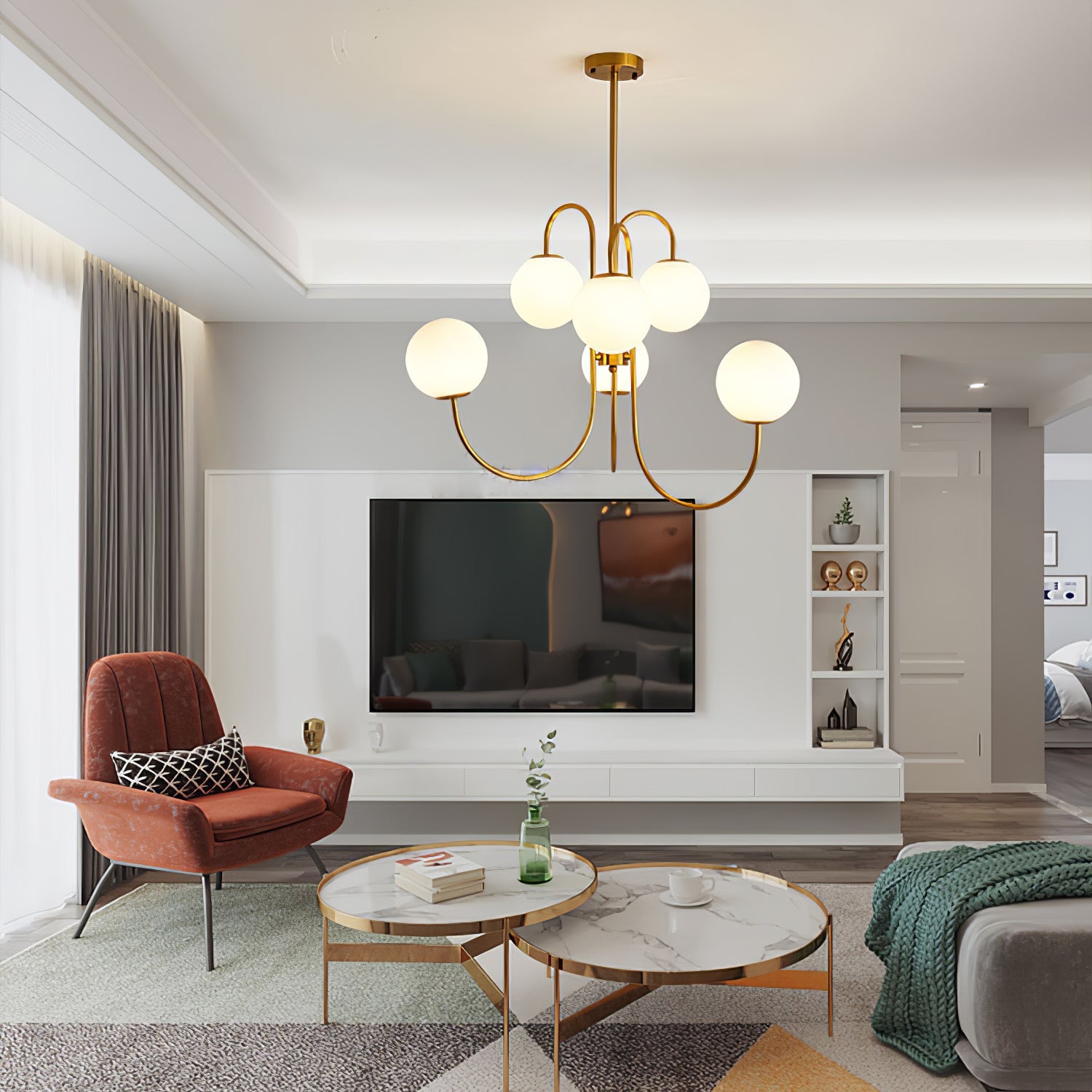 Lámpara de Araña Gooseneck de Hierro Forjado y Vidrio – Diseño Elegante para Interiores Modernos 6