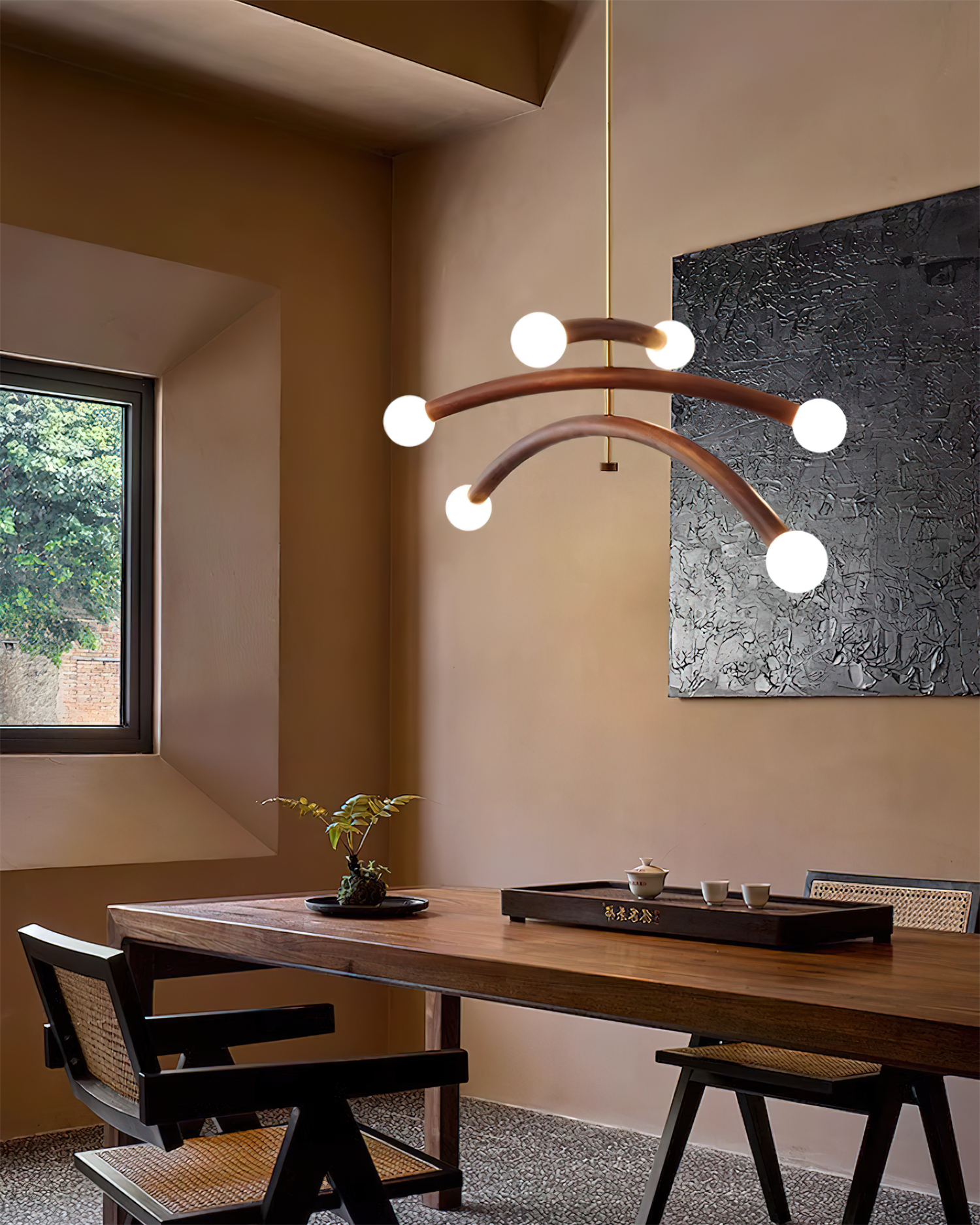Lámpara de Araña Moderna de Madera y Vidrio, Acabado en Cobre, 6 Luces, Diseño Elegante para Interiores 7