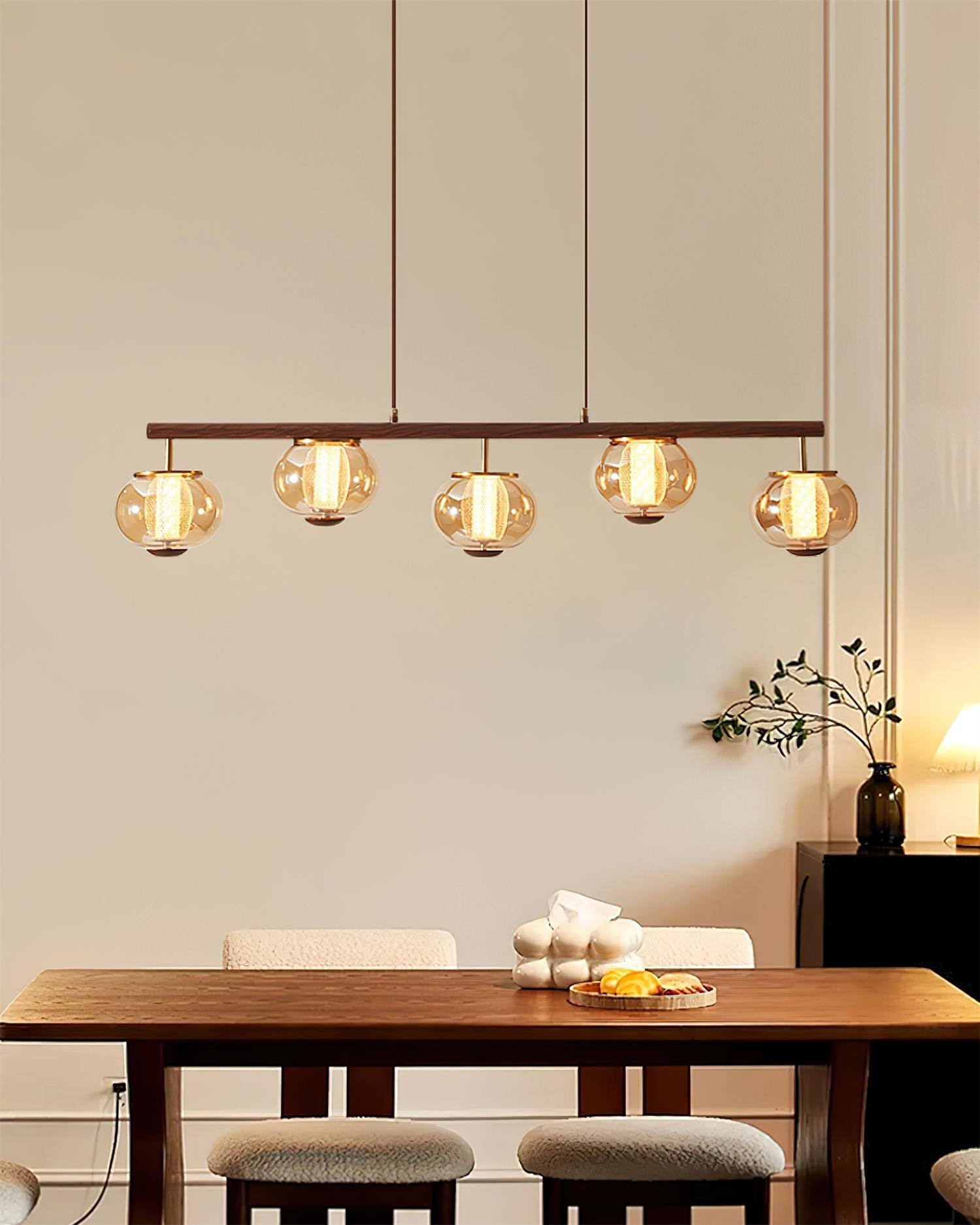 Lámpara de Araña Moderna de Vidrio Ámbar y Madera, Diseño Elegante para Comedores y Cocinas, 110 cm, Luz Cálida LED 3