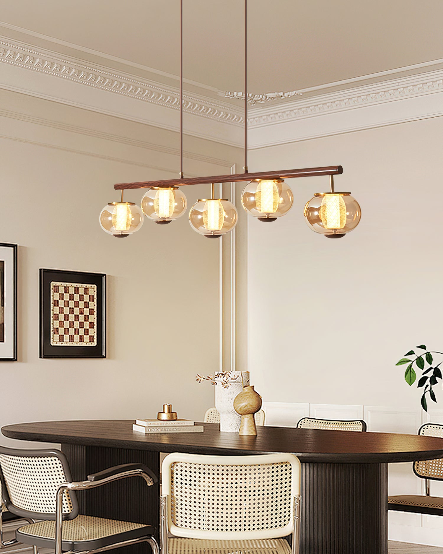 Lámpara de Araña Moderna de Vidrio Ámbar y Madera, Diseño Elegante para Comedores y Cocinas, 110 cm, Luz Cálida LED 6