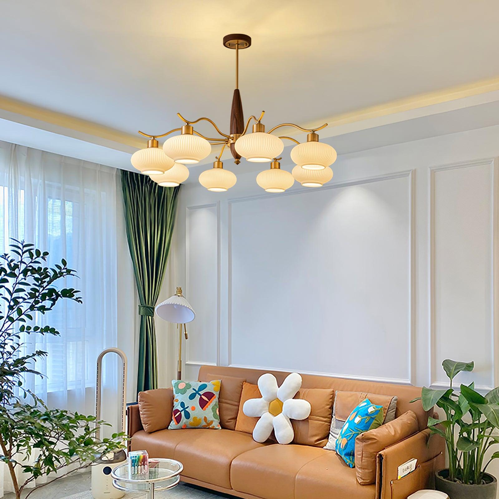 Lámpara de Araña de Cristal y Madera con 5 y 8 Luces, Diseño Clásico en Latón y Vidrio Blanco para Interior 2