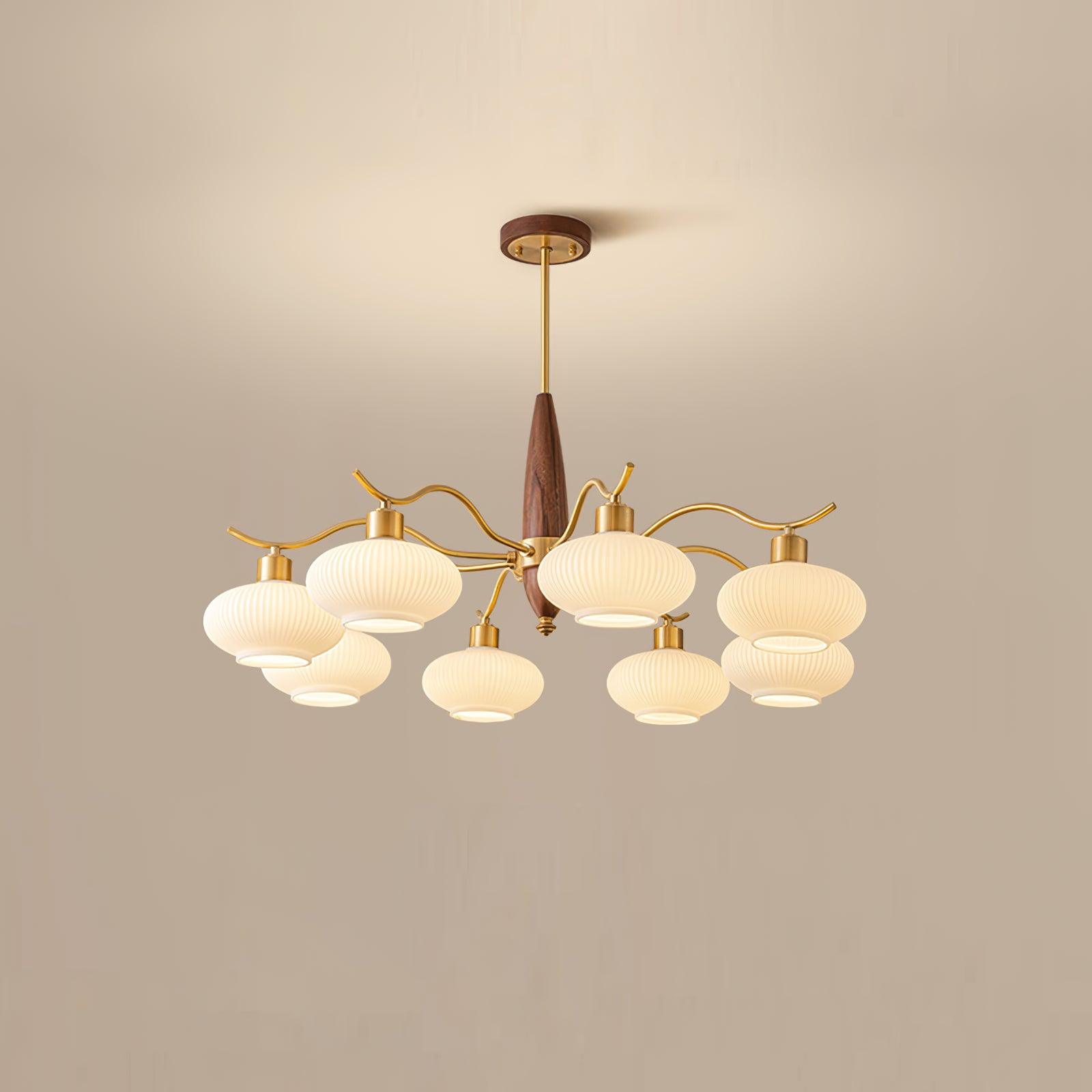 Lámpara de Araña de Cristal y Madera con 5 y 8 Luces, Diseño Clásico en Latón y Vidrio Blanco para Interior 9