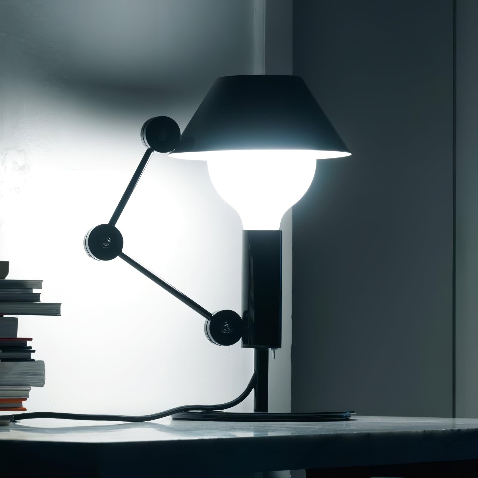 Lámpara de Mesa Articulada en Metal Negro con Pantalla Blanca – Estilo Gótico 3