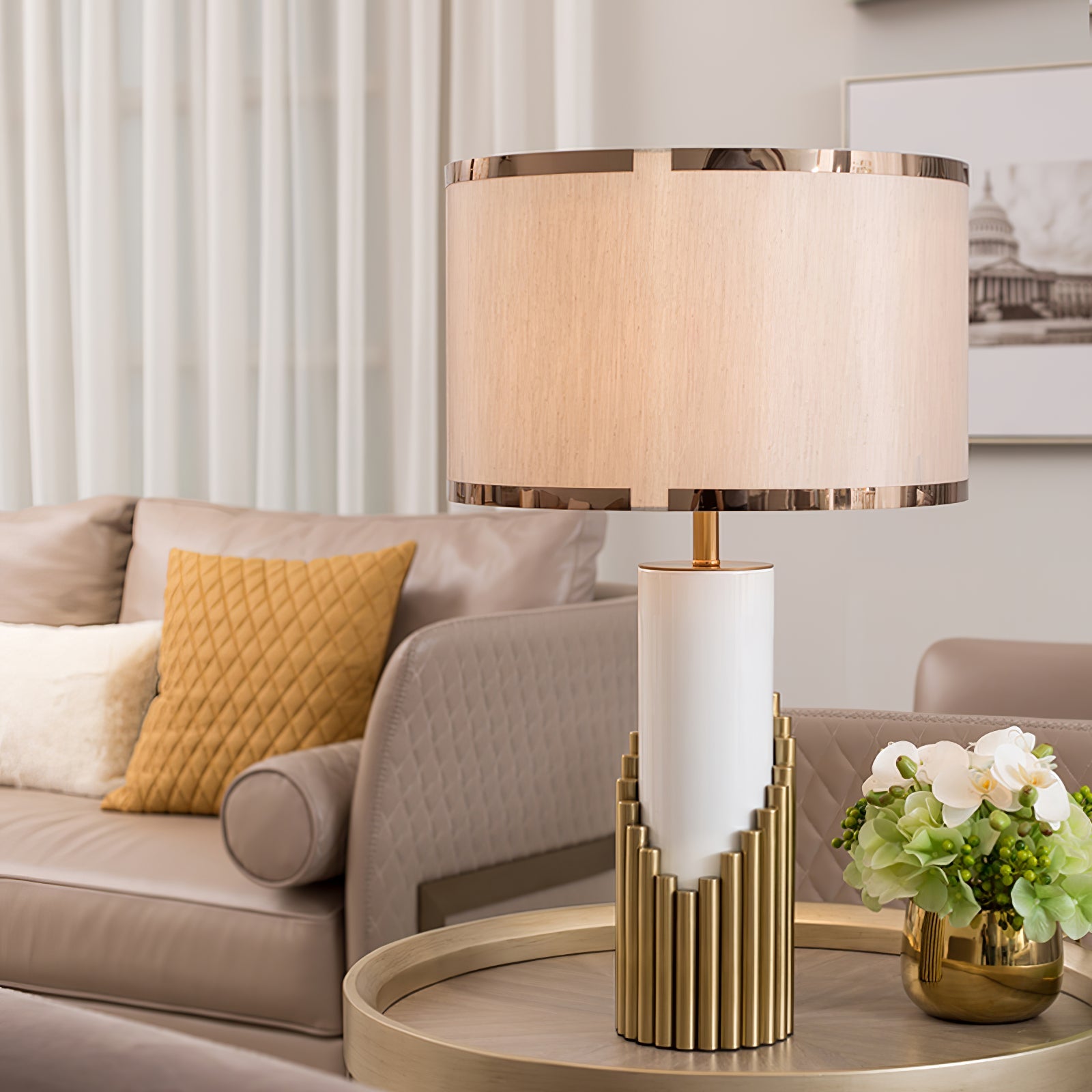 Lámpara de Mesa Elegante Art Deco de Metal y Tela - Diseño Sofisticado para Mesita de Noche, 38 cm Diámetro, Ideal para Interiores 2