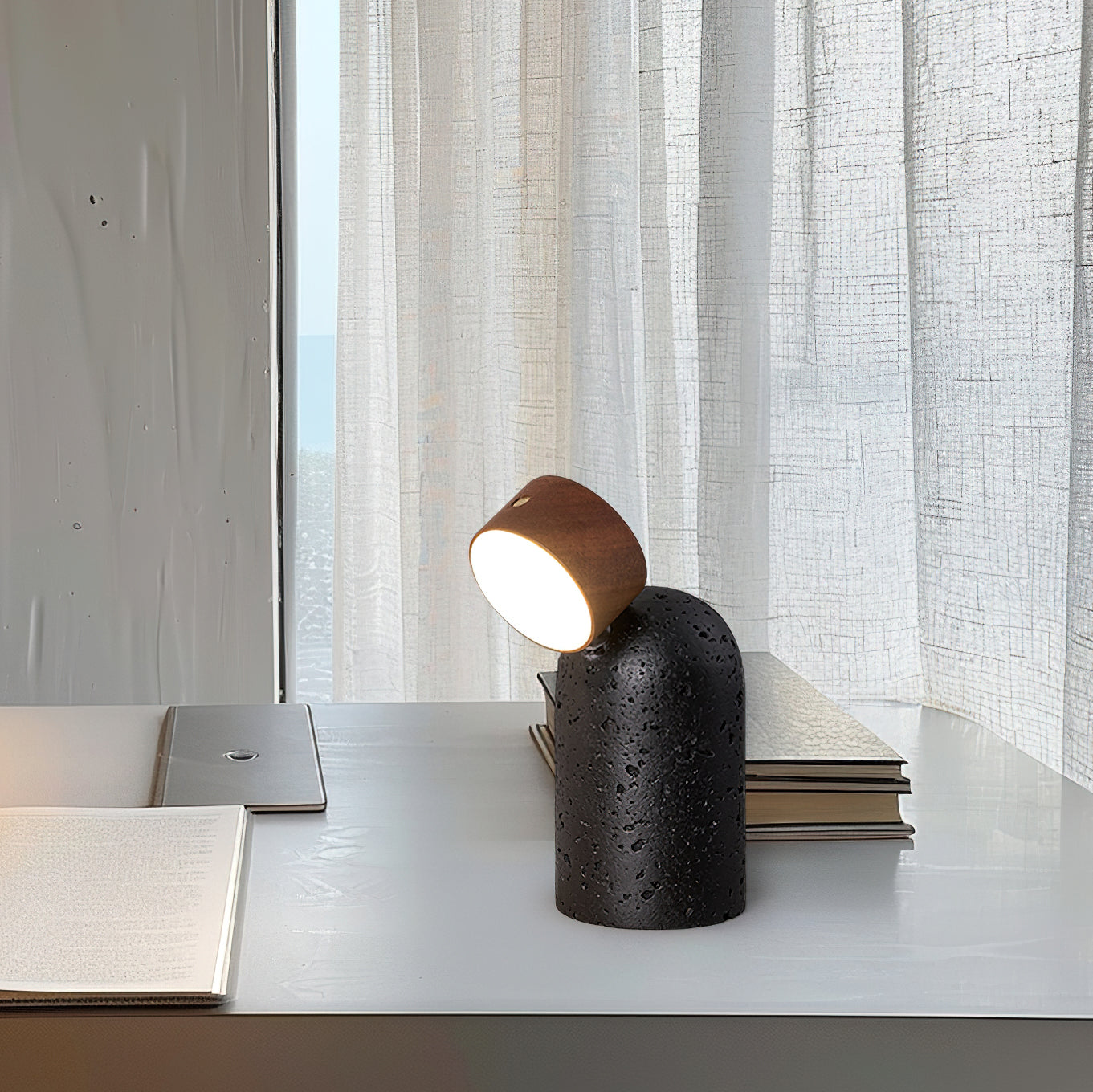 Lámpara de Mesa Moderna con Base de Travertino y Cabeza de Madera Ajustable – Diseño Inalámbrico para Mesita de Noche 5