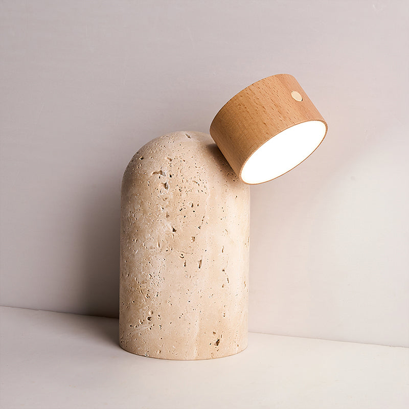 Lámpara de Mesa Moderna con Base de Travertino y Cabeza de Madera Ajustable – Diseño Inalámbrico para Mesita de Noche 9