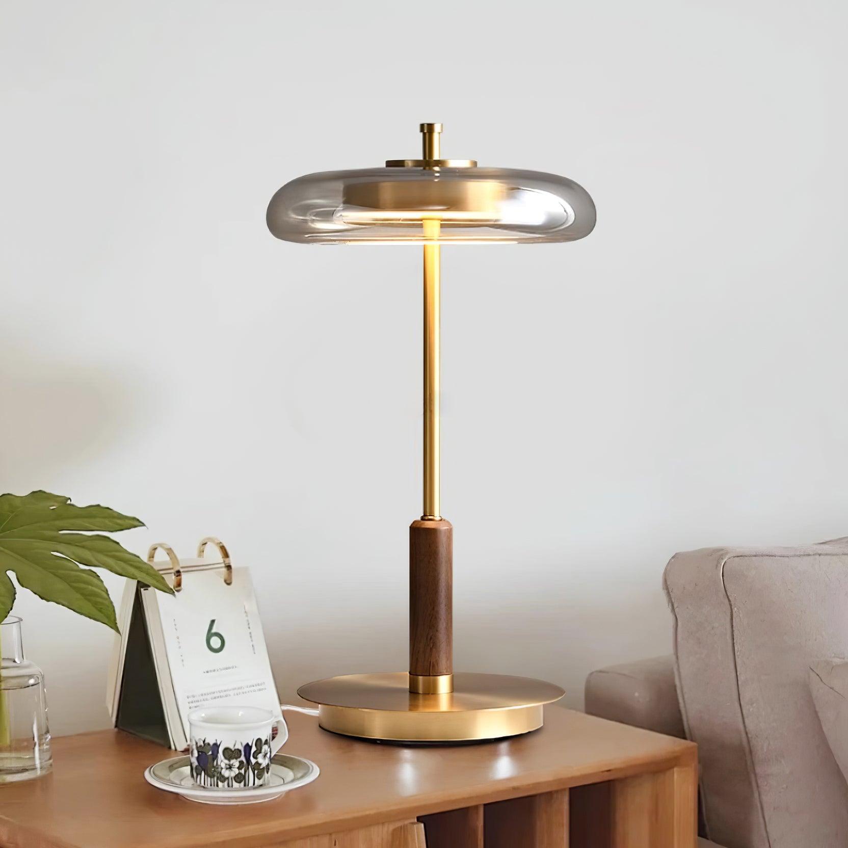 Lámpara de Mesa Redonda LED de Vidrio y Latón, 22 cm de Diámetro, Luz Cálida 3000K, Ideal para Mesita de Noche y Decoración Interior 2