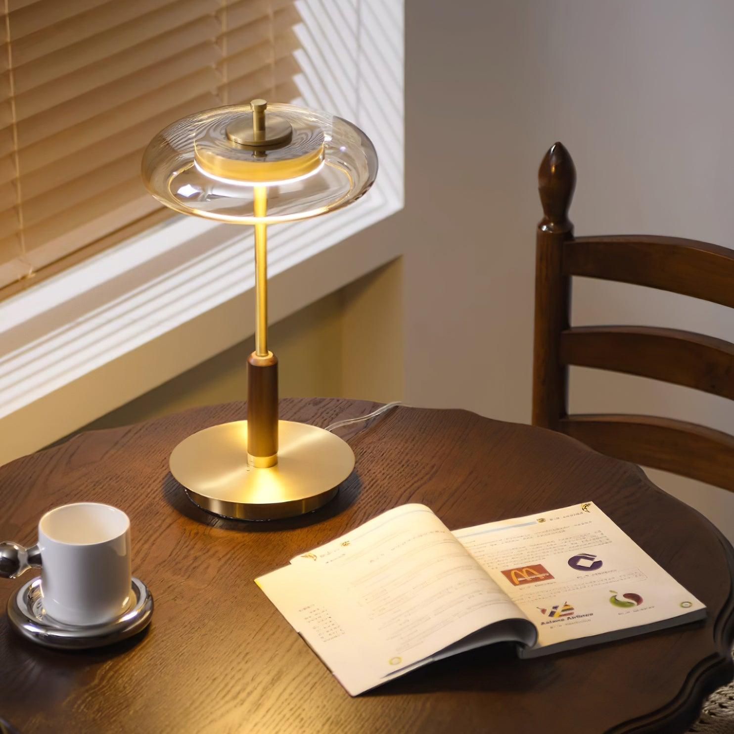 Lámpara de Mesa Redonda LED de Vidrio y Latón, 22 cm de Diámetro, Luz Cálida 3000K, Ideal para Mesita de Noche y Decoración Interior 3