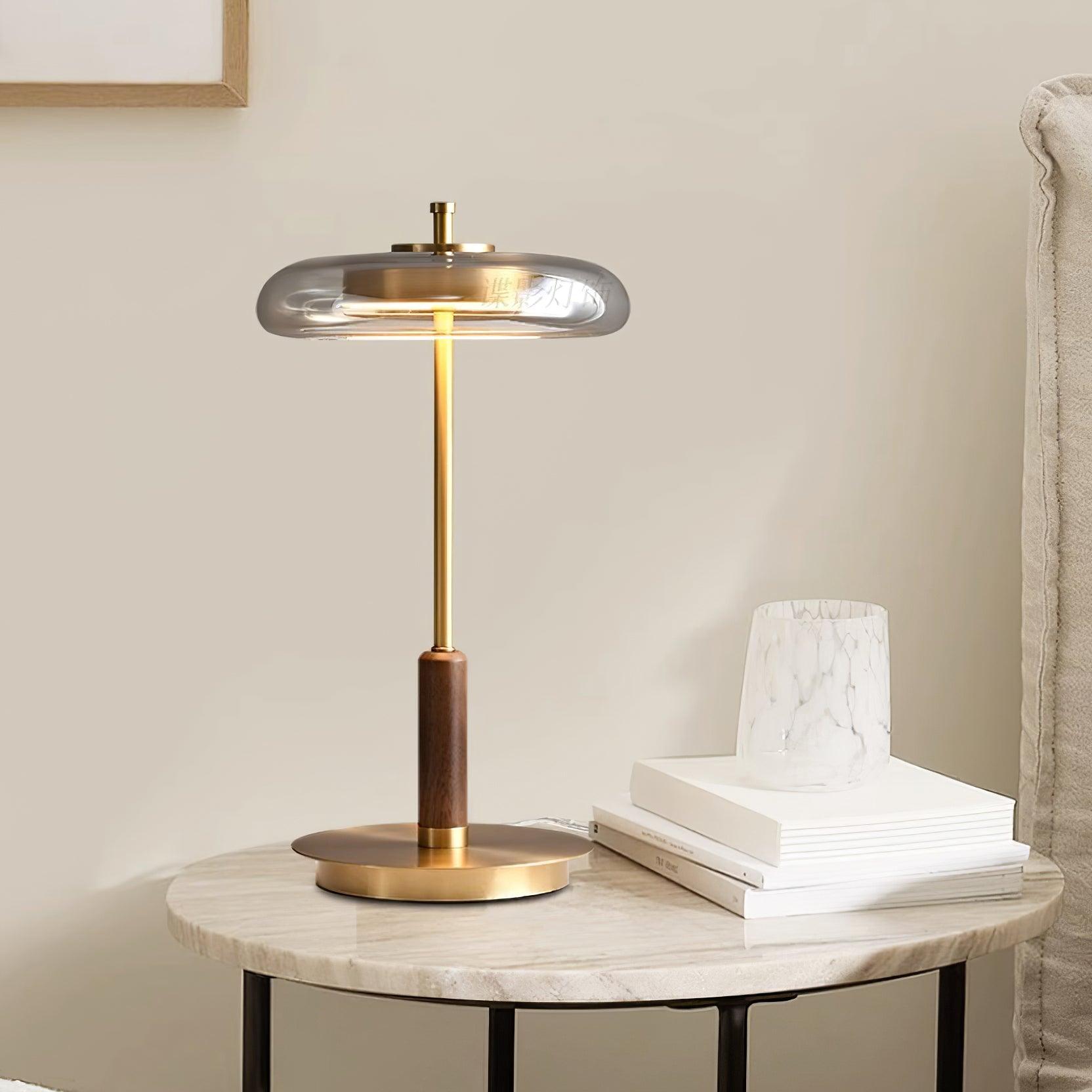 Lámpara de Mesa Redonda LED de Vidrio y Latón, 22 cm de Diámetro, Luz Cálida 3000K, Ideal para Mesita de Noche y Decoración Interior 6