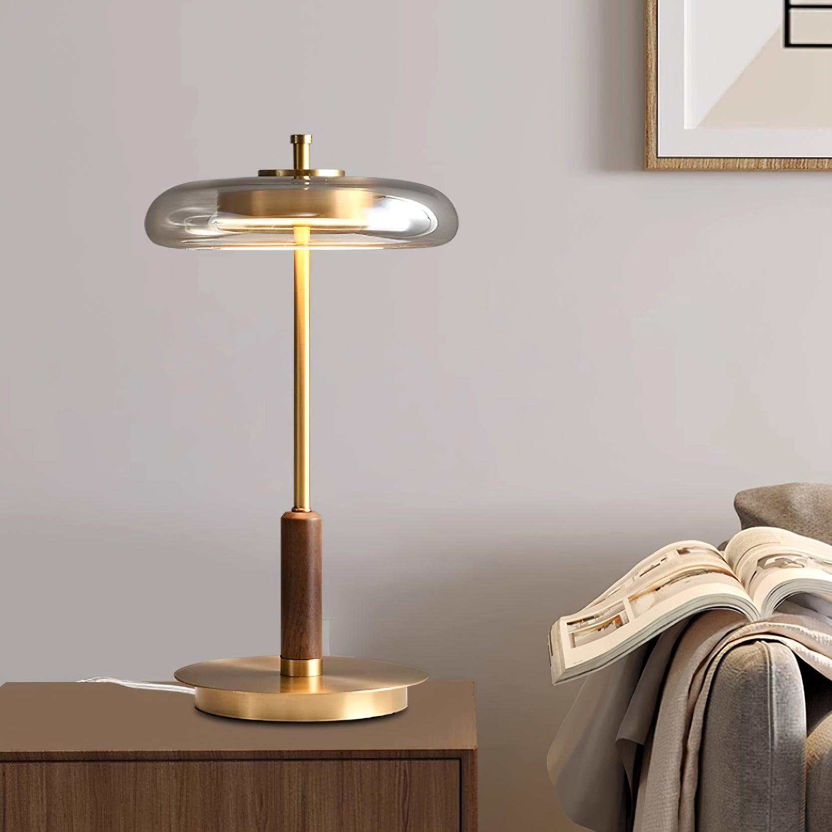 Lámpara de Mesa Redonda LED de Vidrio y Latón, 22 cm de Diámetro, Luz Cálida 3000K, Ideal para Mesita de Noche y Decoración Interior 8