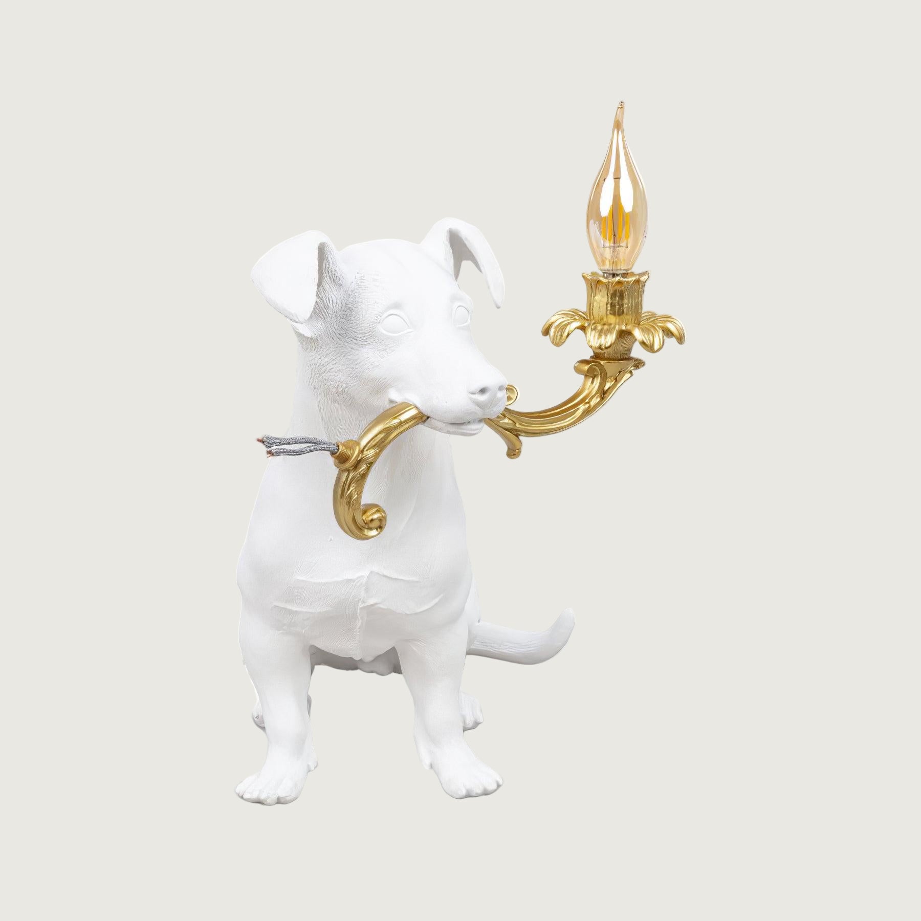 Lámpara de Mesa Rio con Diseño de Perro en Resina y Metal, Color Blanco y Dorado, Ideal para Mesitas de Noche 5
