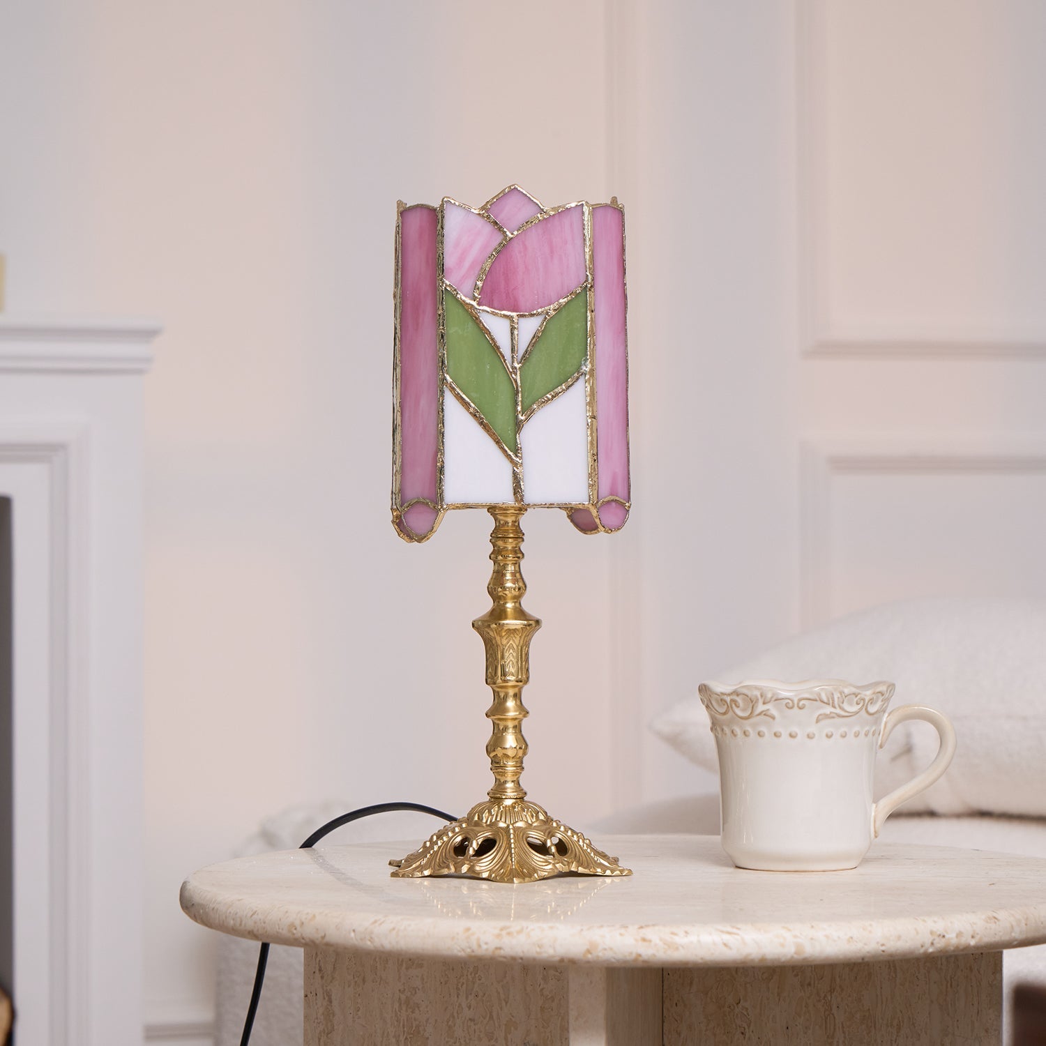 Lámpara de Mesa Tulip Tiffany en Vidrio Rosa y Verde, Diseño Floral Vintage, Base de Latón, Compatible con LED E26/E27 4