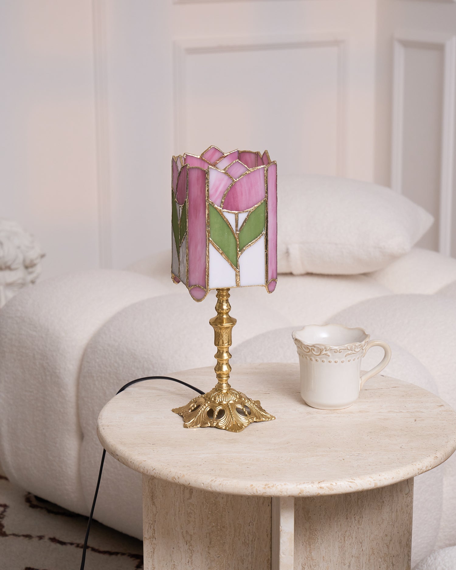 Lámpara de Mesa Tulip Tiffany en Vidrio Rosa y Verde, Diseño Floral Vintage, Base de Latón, Compatible con LED E26/E27 5