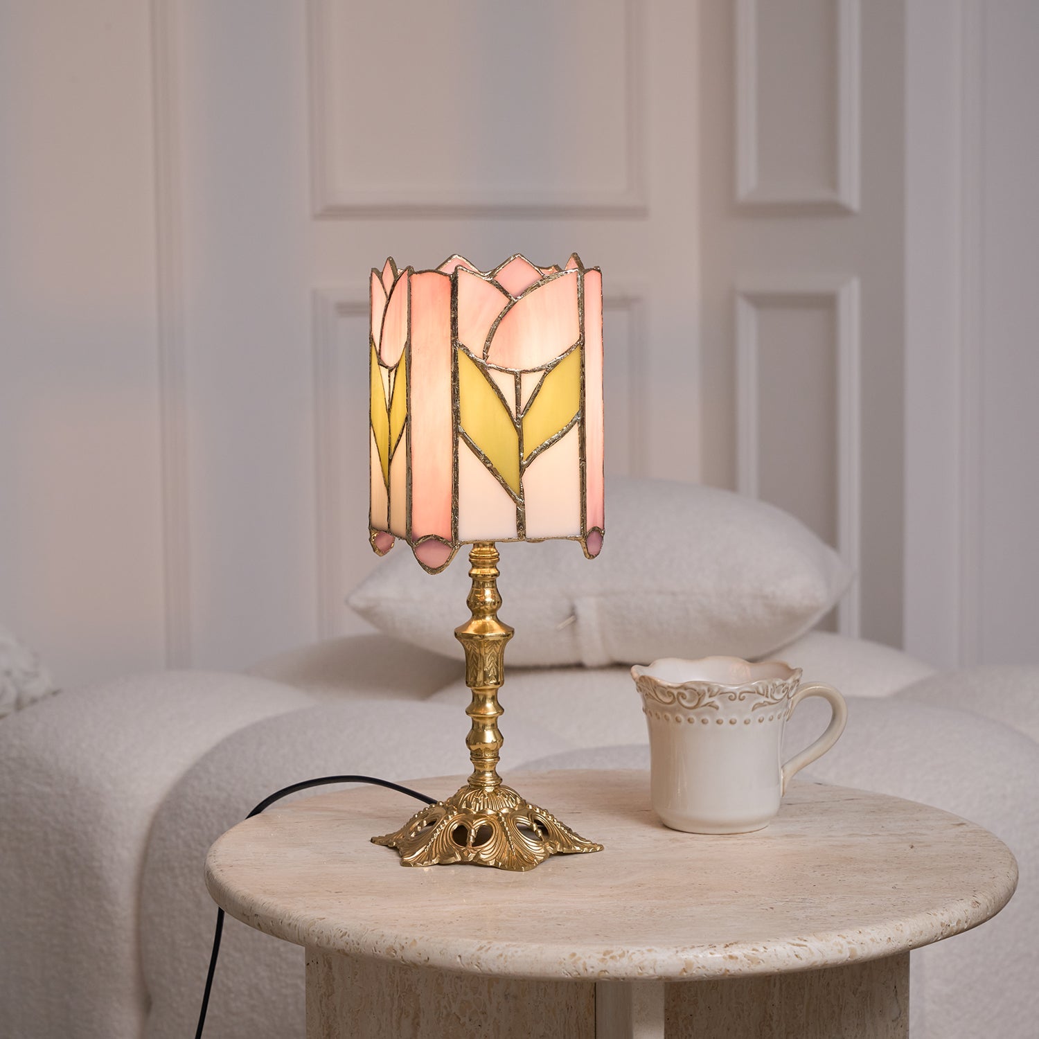 Lámpara de Mesa Tulip Tiffany en Vidrio Rosa y Verde, Diseño Floral Vintage, Base de Latón, Compatible con LED E26/E27 6